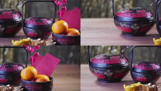 樱花、金元宝装饰点缀、柑橘高清在线视频素材下载