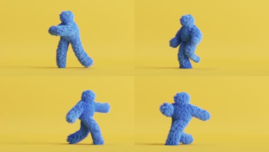 蓝色毛茸茸的3d卡通人物在黄色背景上跳舞，人穿着毛茸茸的服装，滑稽的吉祥物循环动画，现代最小无缝运动设计高清在线视频素材下载
