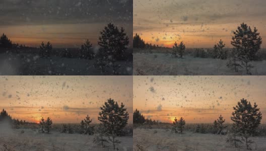冬天日出时间流逝与美丽的雪，美丽的冬季景观高清在线视频素材下载