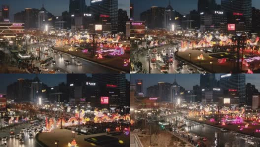中国陕西西安古城墙南门附近夜间交通鸟瞰图高清在线视频素材下载