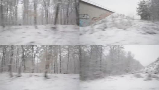 冬日森林中行驶的火车窗外的景色高清在线视频素材下载