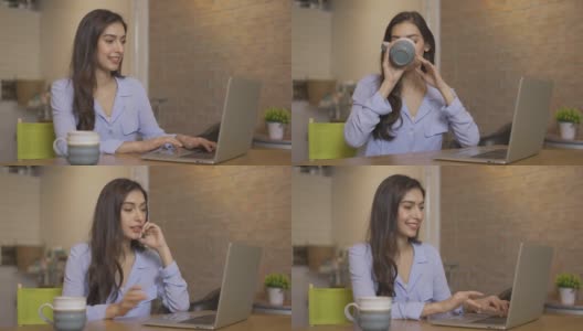 微笑的亚洲女人使用电脑和电话会议应用程序。高清在线视频素材下载