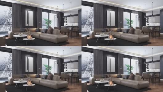 现代极简主义公寓内部。客厅，厨房和餐厅。冬天用雪的概念。高清在线视频素材下载