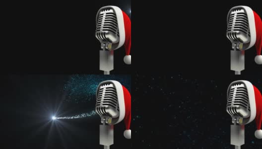 动画的麦克风与圣诞老人的帽子在圣诞星落在黑暗的背景高清在线视频素材下载