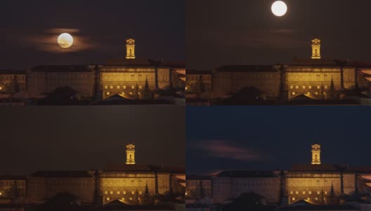 满月在葡萄牙科英布拉大学背后升起——时间流逝高清在线视频素材下载
