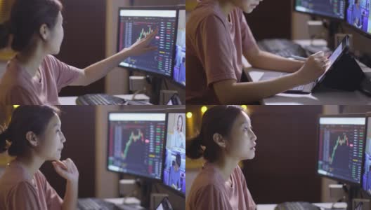 年轻的中国企业家在投资加密货币股票市场时，通过视频电话与多元化的同事讨论和交谈高清在线视频素材下载