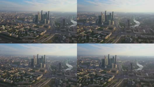 俄罗斯阳光下的日落莫斯科现代城市交通环路空中全景4k高清在线视频素材下载