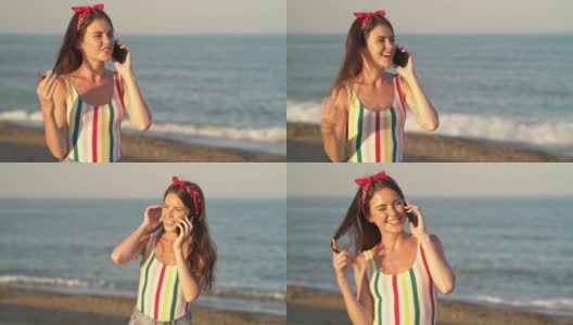 一个戴着红色发带、穿着条纹泳衣的快乐的女人在讲电话高清在线视频素材下载