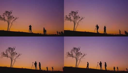 孤独的树和两个色调的天空与旅行者和摄影师，4k(超高清)，延时高清在线视频素材下载