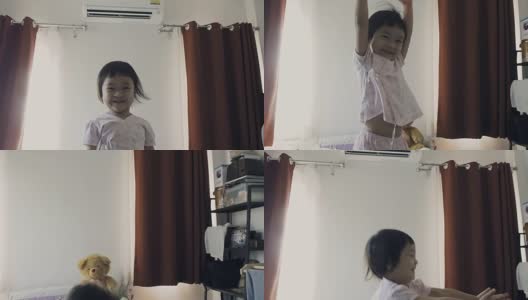 Asian Young Girl Playing Pink Balloon On Bed高清在线视频素材下载