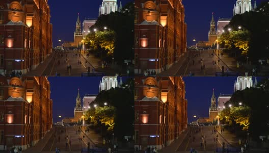 俄罗斯莫斯科红场。夜晚漫步在灯火通明的红场上高清在线视频素材下载