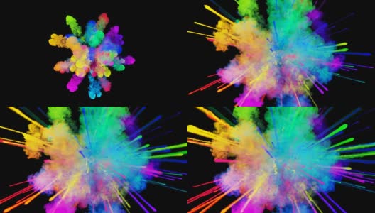 爆炸的火药孤立在黑色背景。3d动画的粒子作为彩色的背景或覆盖效果。迸发出彩虹般的色彩，粉饼呈现出明亮如胡里节。39高清在线视频素材下载