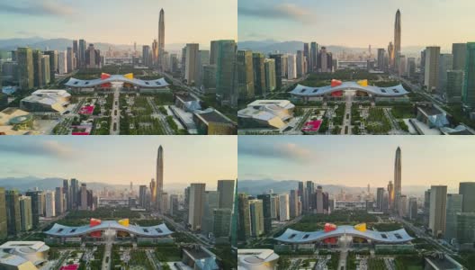 中国深圳市景日落天空市中心市政厅航拍全景4k时间间隔高清在线视频素材下载