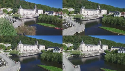 鸟瞰图的本笃会修道院的布兰托姆和河流，法国高清在线视频素材下载