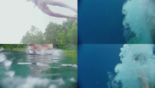 年轻人跳入清澈湛蓝的湖水中高清在线视频素材下载
