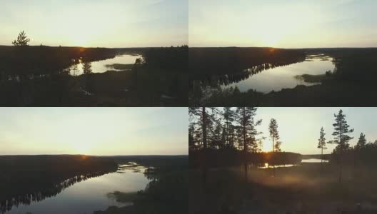 鸟瞰图的湖在日出，雾和树木。森林里有雾的早晨。美丽的自然背景。瑞典的风景高清在线视频素材下载
