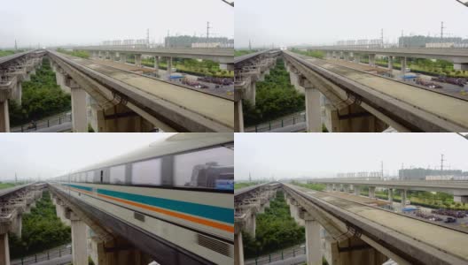 上海的磁悬浮轨道与到达列车送人们到浦东机场。高清在线视频素材下载
