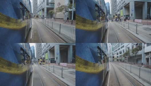 双层电车在路上行驶，停在人行横道上在香港-全滚动镜头高清在线视频素材下载