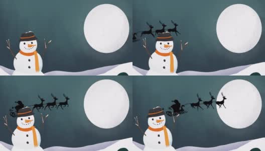 圣诞老人的剪影被驯鹿拉在雪橇上的月亮和雪人高清在线视频素材下载