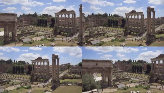 古罗马遗址的慢镜头全景。意大利罗马市中心的古罗马广场高清在线视频素材下载