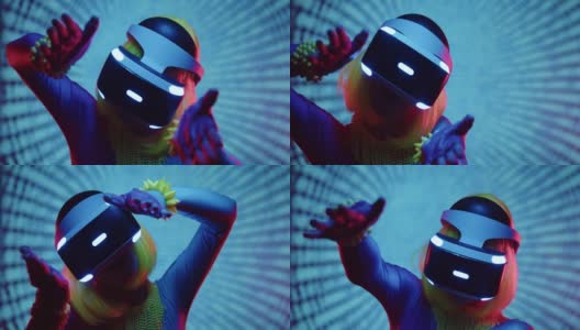 赛博朋克风格的未来主义女性戴着虚拟现实头盔眼镜，浅绿色短发，蓝色皮肤，在现代霓虹灯的背景下跳舞和移动。未来网络风格的概念。虚拟的舞者高清在线视频素材下载