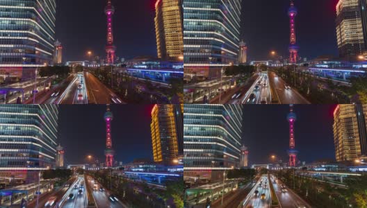 4K时光流逝:上海城市景观交通灯沿着道路和东方明珠塔流动高清在线视频素材下载