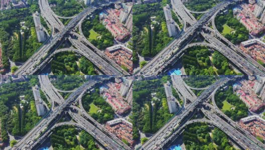 Drone shot: Real Time ,Moving Down, 4K Aerial view of elevated roads and busy traffic in Shanghai, China.高清在线视频素材下载