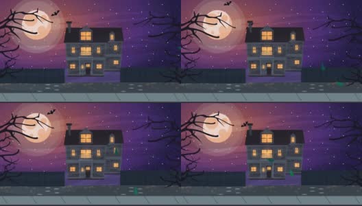 快乐的万圣节动画场景与鬼屋在晚上高清在线视频素材下载