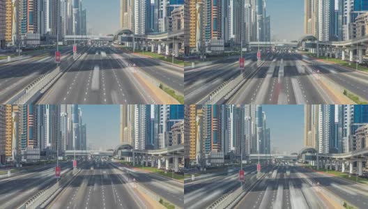 繁忙的谢赫扎耶德公路，地铁和现代摩天大楼在奢华的迪拜城市周围高清在线视频素材下载