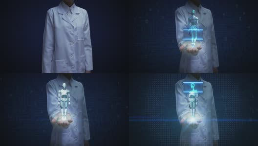 女医生打开手掌，扫描机器人内部的人体骨骼结构。生物技术。cyborg。人工智能。机器人技术。高清在线视频素材下载