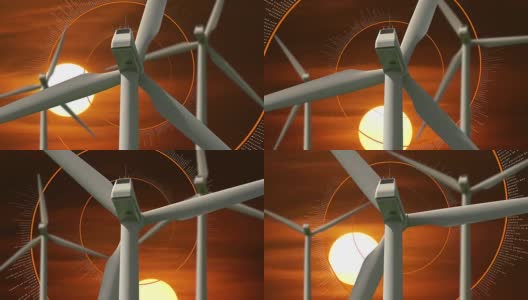 风力涡轮机与日落和数字生成背景动画的复合剪辑高清在线视频素材下载