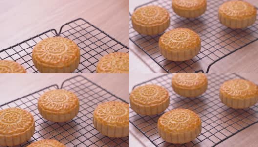 新鲜出炉的中国传统中秋节月饼糕点，特写，卡车拍摄运动。4 k决议。高清在线视频素材下载