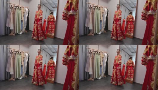 穿着传统婚纱的中国新娘照镜子高清在线视频素材下载