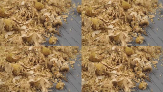 干洋甘菊花的特写在一个木制的背景。高清在线视频素材下载