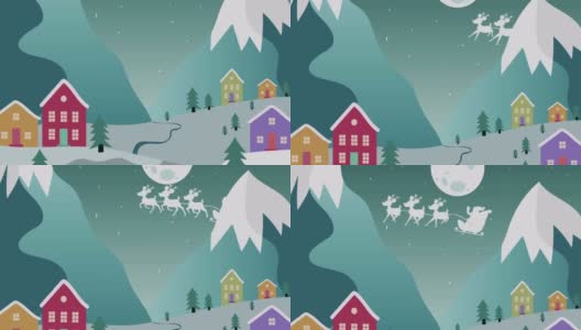 圣诞老人在驯鹿拉雪橇的剪影在月亮和冬天的风景高清在线视频素材下载