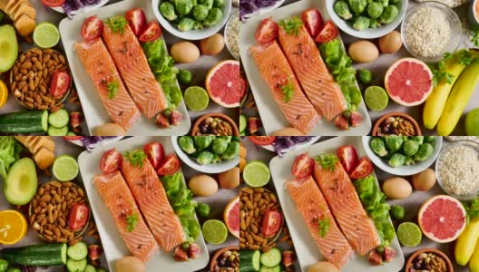 健康食品选择-水果，蔬菜，乳制品和鱼高清在线视频素材下载