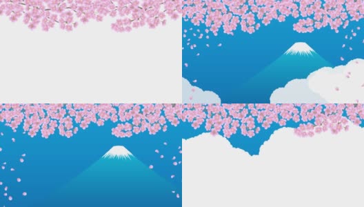樱花，暴风雪，富士山和云。视频背景材料。高清在线视频素材下载