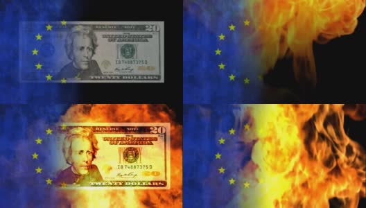 美钞在欧盟旗帜上燃烧的动画高清在线视频素材下载