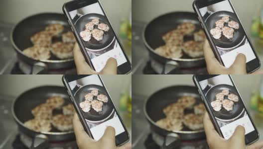 女人拿着现代智能手机，拍下美食照片，在社交媒体资源上分享。高清在线视频素材下载