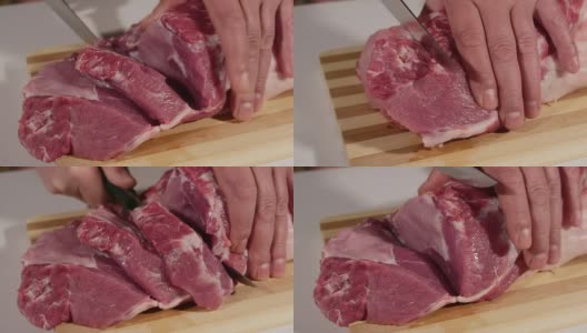 男性用手切生猪肉高清在线视频素材下载