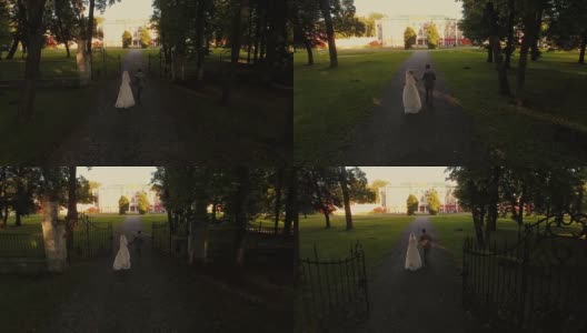 无人机拍摄到新郎和新娘走向公园里的豪宅。高清在线视频素材下载