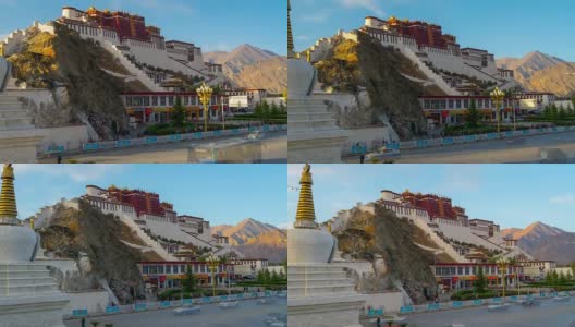 4K时间流逝电影日落场景与红绿灯布达拉宫，中国西藏高清在线视频素材下载