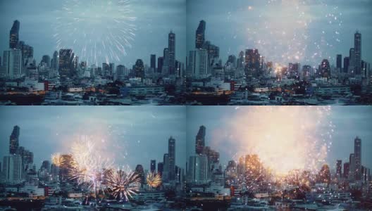 WS video 4k:城市与烟花双重曝光。高清在线视频素材下载