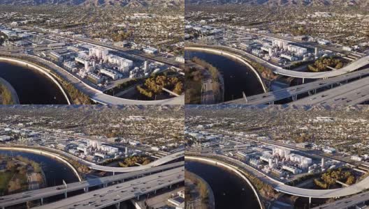 洛杉矶高速公路和格兰岱尔电厂鸟瞰图高清在线视频素材下载