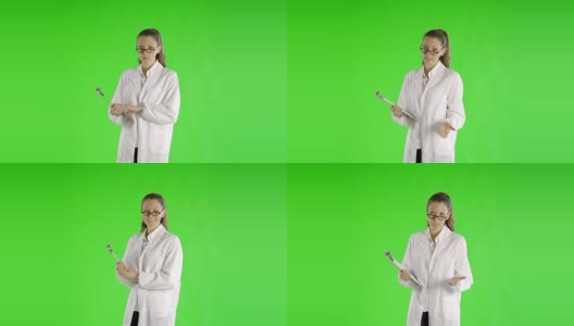 白种女性绿屏剪出实验服科学家高清在线视频素材下载