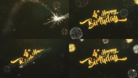 4个快乐的生日问候和祝愿卡由闪光粒子和火花灯黑暗夜空与彩色烟花4k背景。高清在线视频素材下载