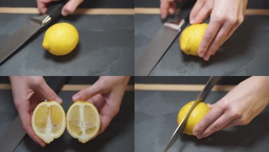 靠近点，一个女人的手拿起一把刀，把黄色的柠檬切成两半高清在线视频素材下载