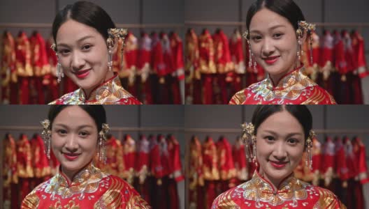 身着传统服饰微笑的中国新娘的肖像高清在线视频素材下载