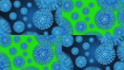 COVID-19或冠状病毒2019冠状病毒3d渲染循环动画。红色带粒子的蓝色冠状病毒。绿屏背景。高清在线视频素材下载
