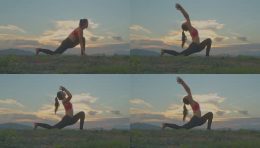成年亚洲运动女子瑜伽在海滩上pose日落。4 k dci片段。剪影照片。高清在线视频素材下载